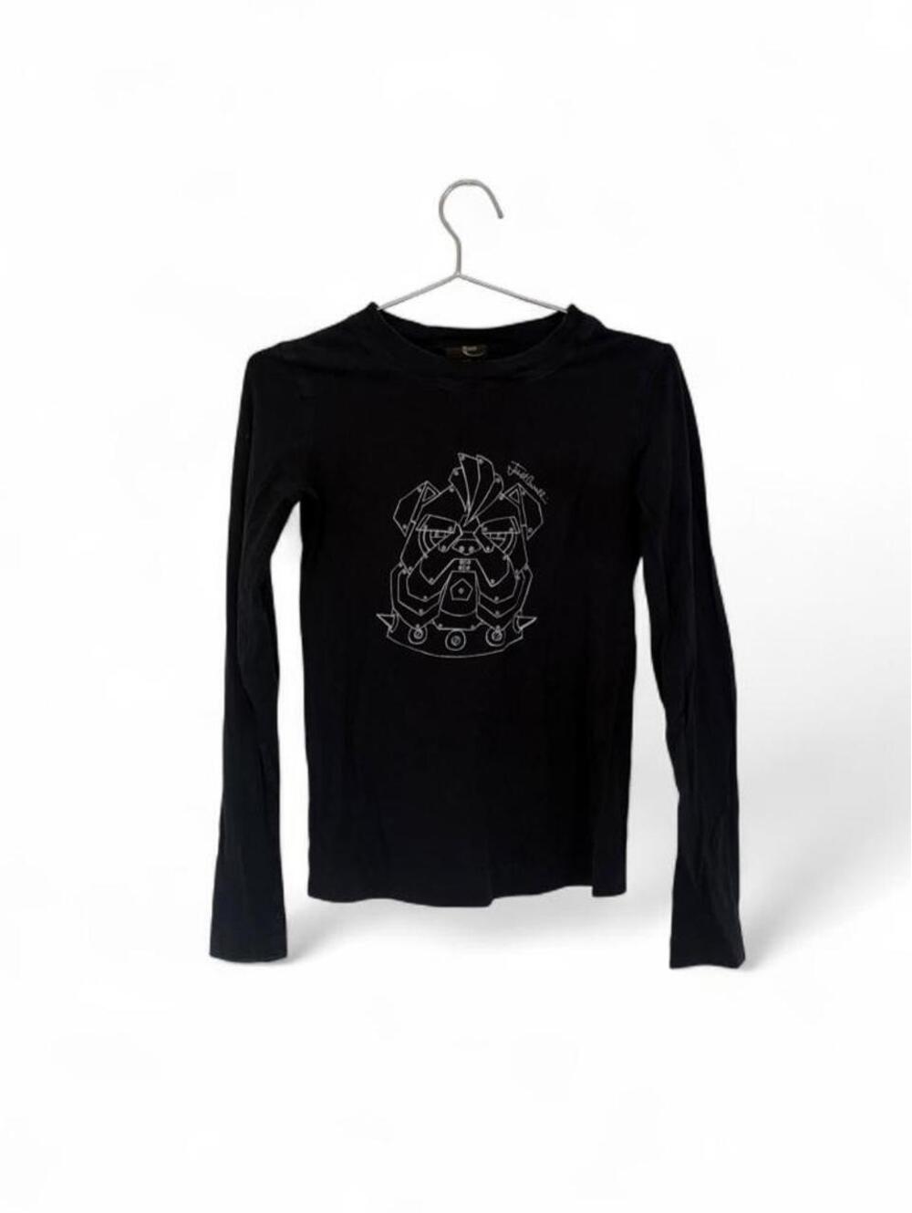 Roberto Cavalli black long sleeve top with white graphic of a bulldog